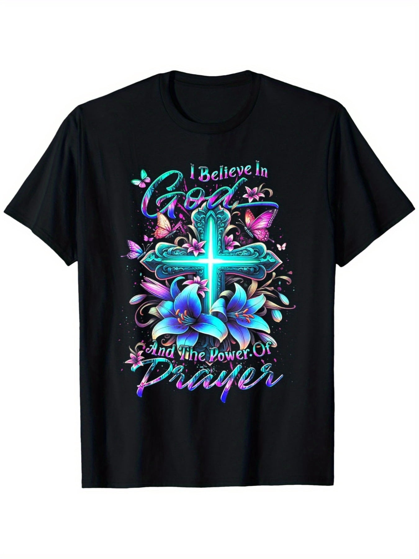 Women’s I Believe In God And The Power Of Prayer Cross Butterfly Lily Floral Graphic T-Shirt, Religious Faith Short Sleeve Crew Neck Casual Top For Christian Gift
