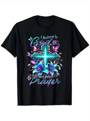 Women’s I Believe In God And The Power Of Prayer Cross Butterfly Lily Floral Graphic T-Shirt, Religious Faith Short Sleeve Crew Neck Casual Top For Christian Gift