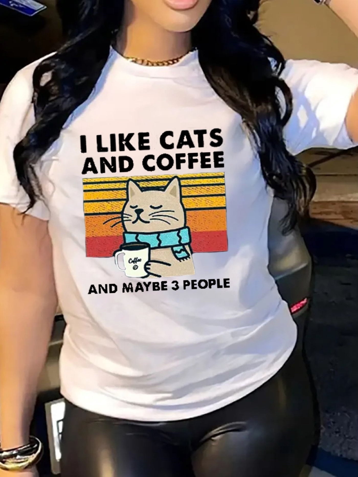 Women's I Like Cats And Coffee Graphic T‑Shirt, Retro Sunset Cat Funny Quote Short Sleeve Crew Neck Casual Tee