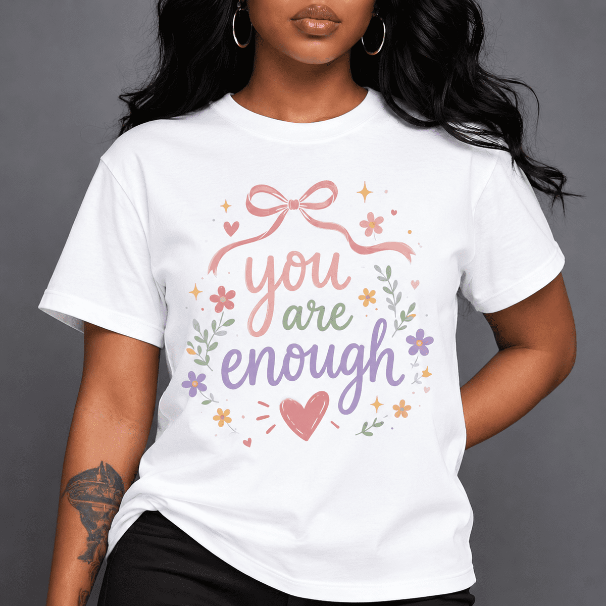 Women's Inspirational Floral Bow Graphic T-Shirt, Cute Positive Message Crew Neck Short Sleeve Casual Tee