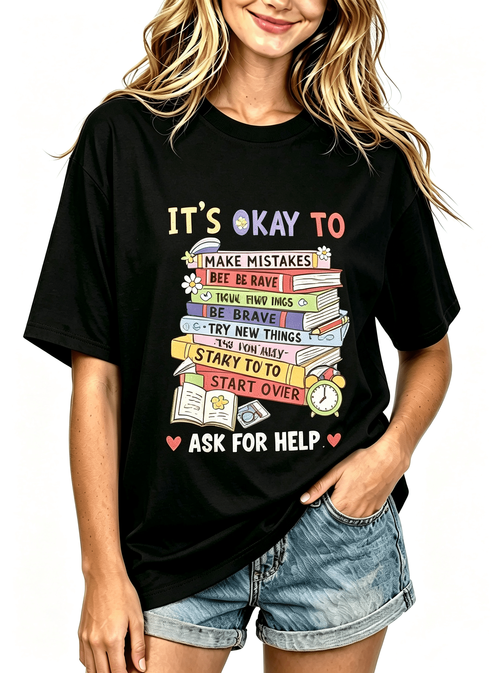 Women's "It's Okay It's Okay" Mental Health Awareness T-Shirt - Colorful Books And Floral Print Patterns, Casual Short-Sleeved
