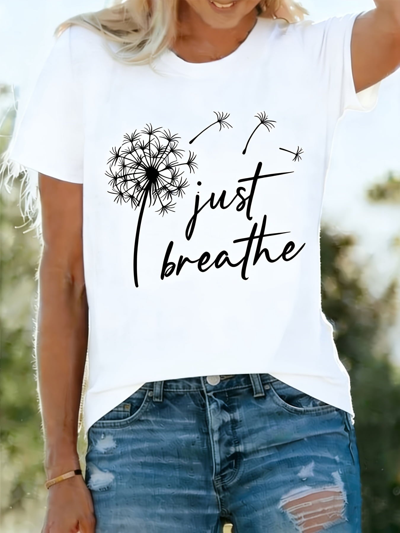 Women's Just Breathe Dandelion Graphic T-Shirt, Inspirational Floral Print Crew Neck Short Sleeve Tee, Casual Relaxing Mindfulness Summer Top, Soft Everyday Comfort Shirt, Nature Lover Gift