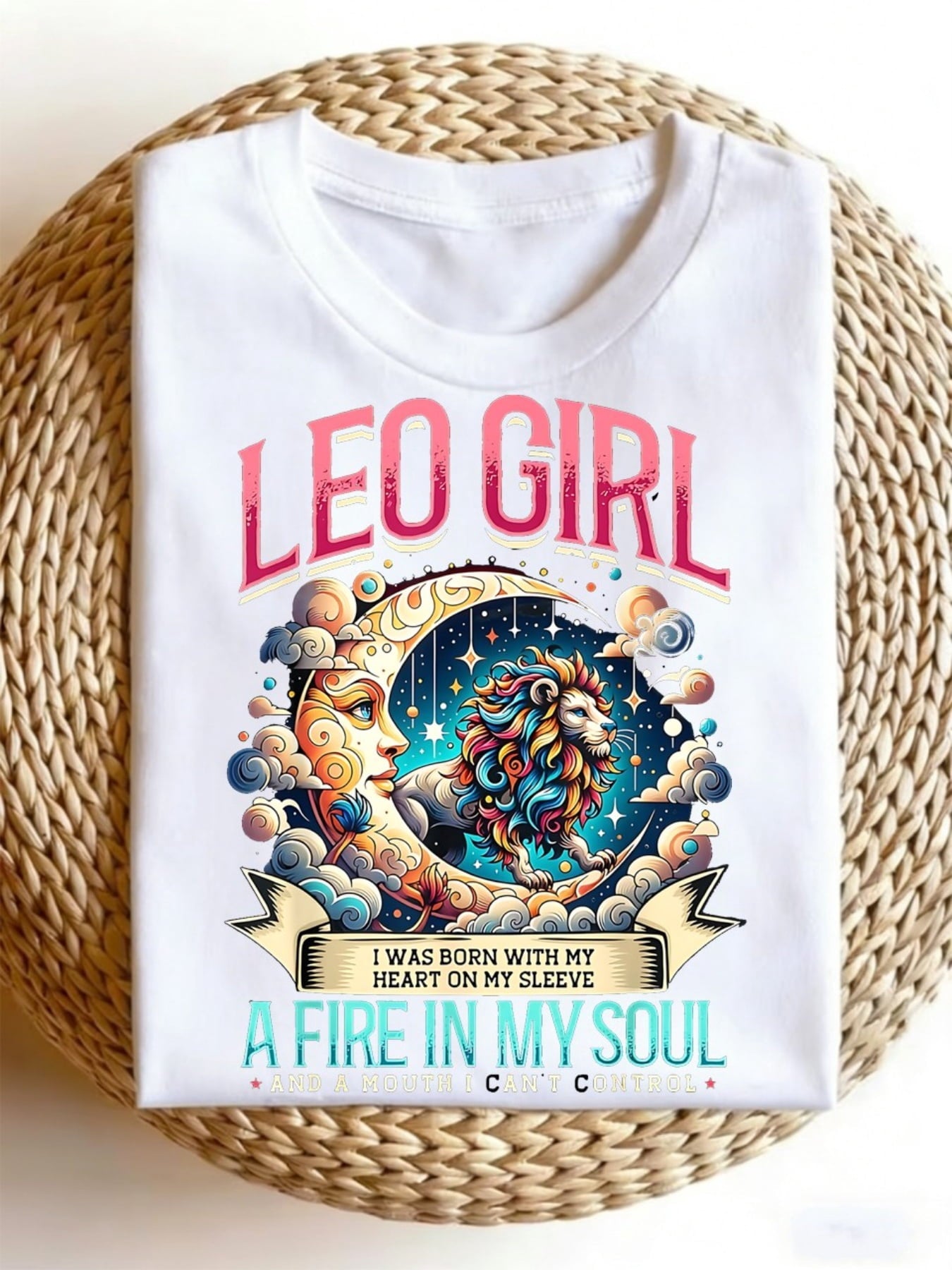 Women’s Leo Girl Lion Moon Zodiac Graphic Short Sleeve T-Shirt, Fire Sign Astrology Sarcastic Crew Neck Casual Top For Leo Birthday Gift