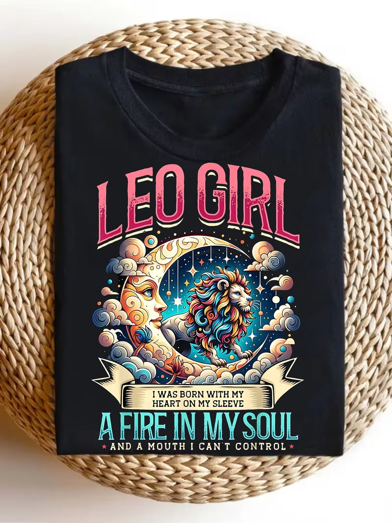 Women’s Leo Girl Lion Moon Zodiac Graphic Short Sleeve T-Shirt, Fire Sign Astrology Sarcastic Crew Neck Casual Top For Leo Birthday Gift