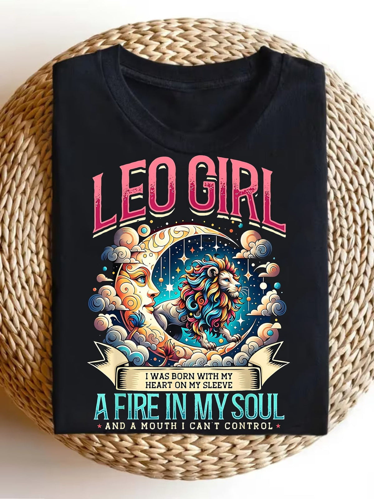 Women’s Leo Girl Lion Moon Zodiac Graphic Short Sleeve T-Shirt, Fire Sign Astrology Sarcastic Crew Neck Casual Top For Leo Birthday Gift