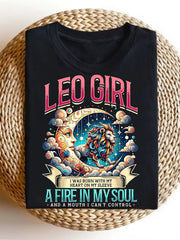 Women’s Leo Girl Lion Moon Zodiac Graphic Short Sleeve T-Shirt, Fire Sign Astrology Sarcastic Crew Neck Casual Top For Leo Birthday Gift