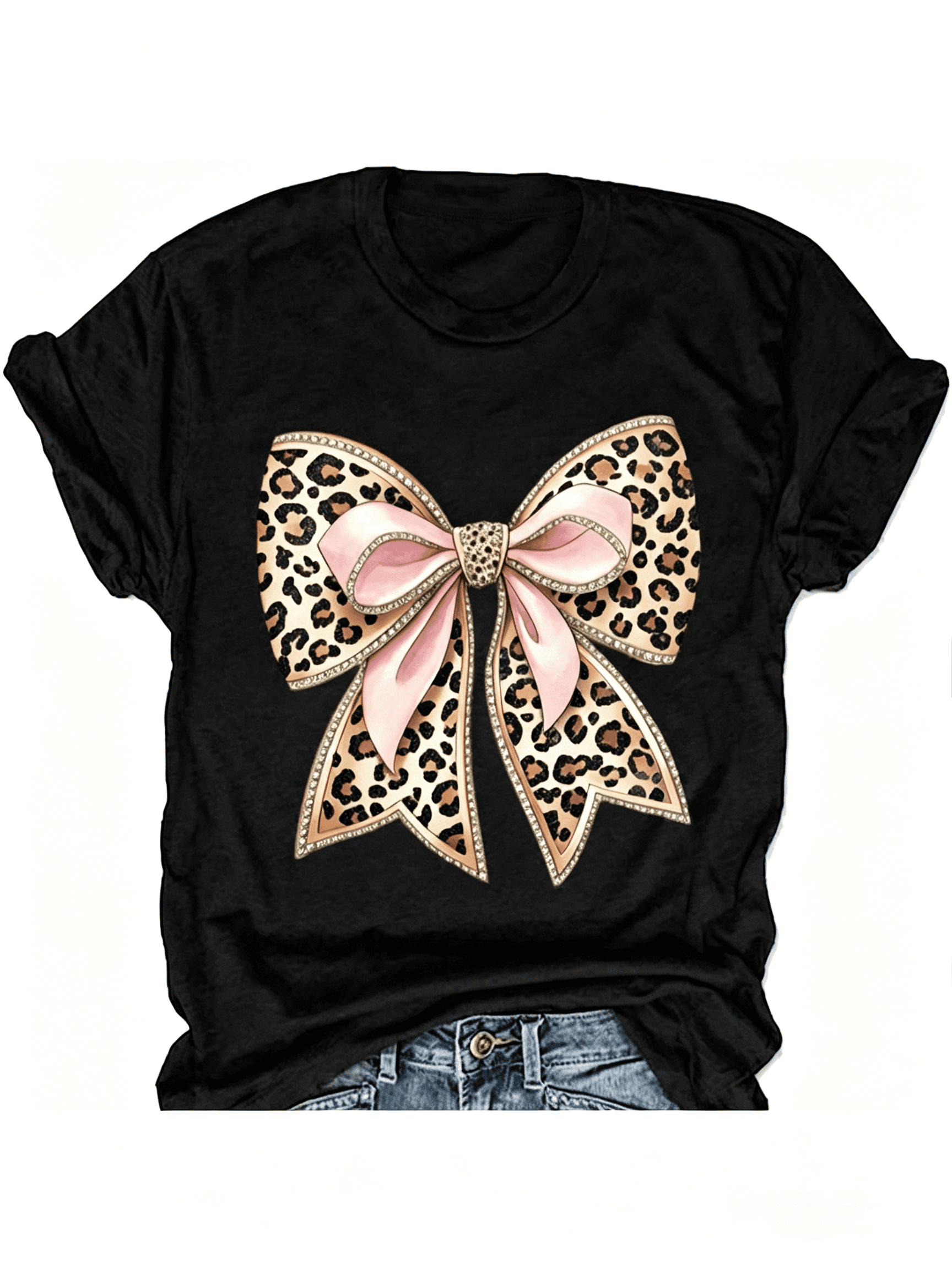Women's Leopard Print Pink Bow Graphic T‑Shirt, Casual Crew Neck Short Sleeve Fashion Daily Wear Tee