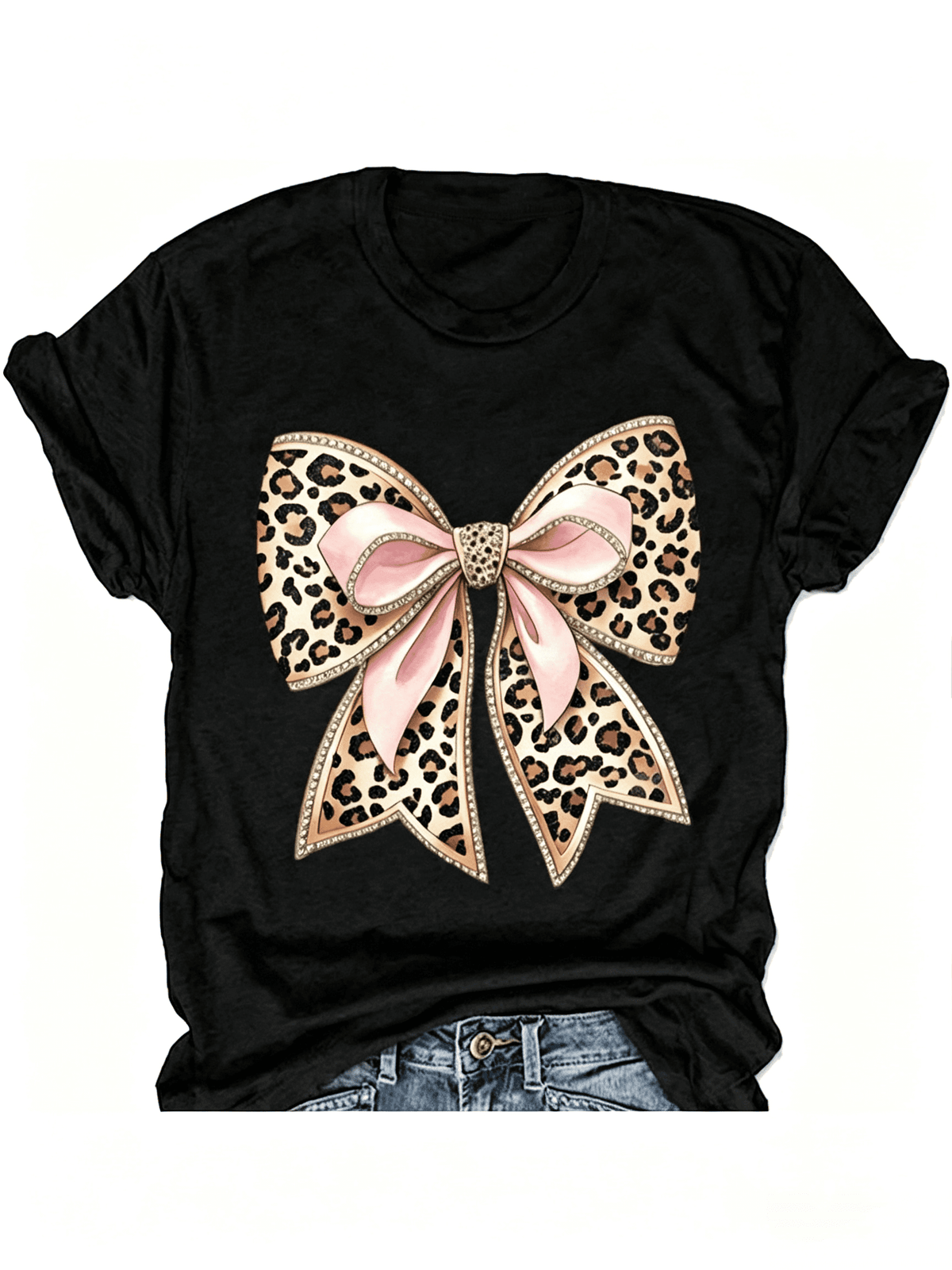 Women's Leopard Print Pink Bow Graphic T‑Shirt, Casual Crew Neck Short Sleeve Fashion Daily Wear Tee
