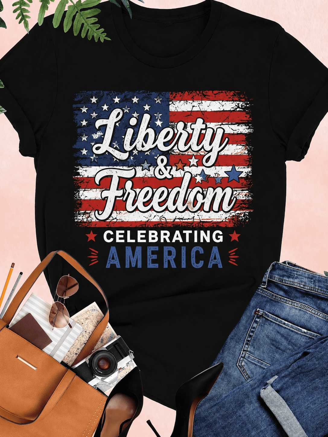 Women's Liberty & Freedom Patriotic Graphic T-Shirt, American Flag Independence Day Short Sleeve Tee