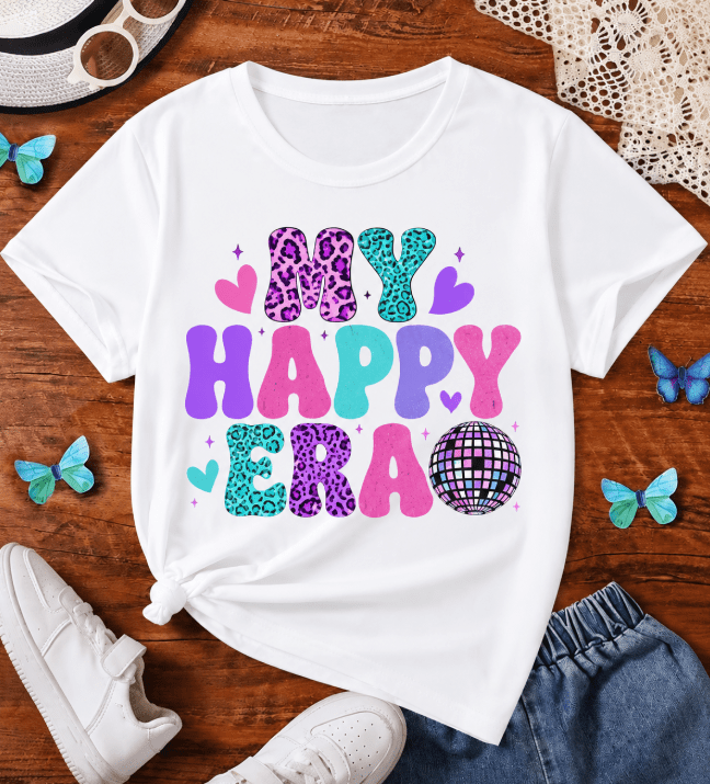 Women's MY HAPPY ERA Graphic T-Shirt, Colorful Bubble Letter Print Short Sleeve Tee, Cute Casual Crew Neck Top, Soft Lightweight Summer Shirt