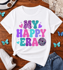 Women's MY HAPPY ERA Graphic T-Shirt, Colorful Bubble Letter Print Short Sleeve Tee, Cute Casual Crew Neck Top, Soft Lightweight Summer Shirt