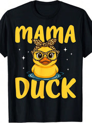 Women's Mama Duck T-Shirt, Cute Rubber Duck Graphic Tee with Leopard Bow and Glasses, Funny Mom Shirt, Short Sleeve Crew Neck Mother's Day Gift