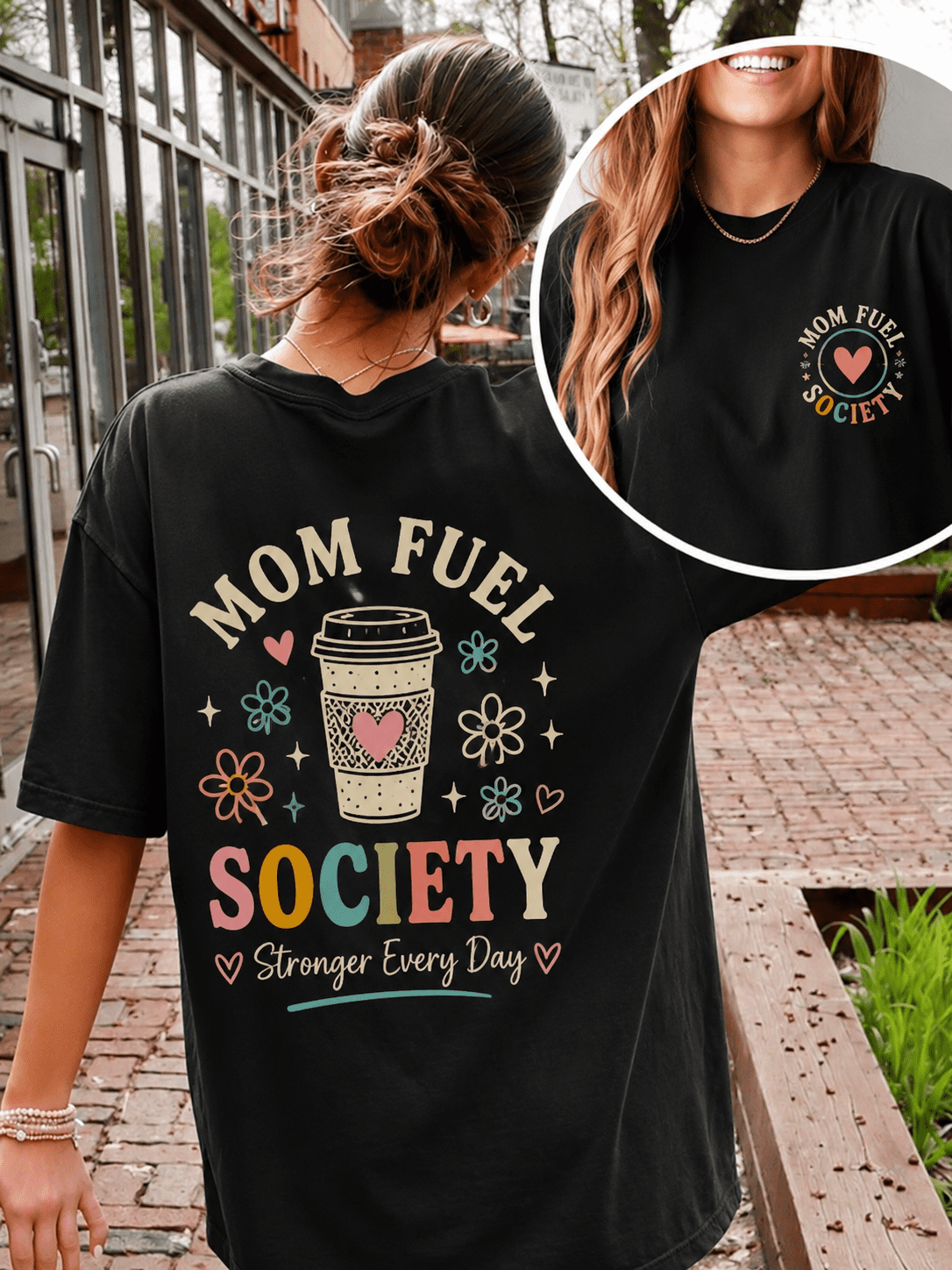 Women's Mom Fuel Society Graphic T-Shirt Coffee Lover Short Sleeve Crew Neck Casual Summer Tee Gift for Moms