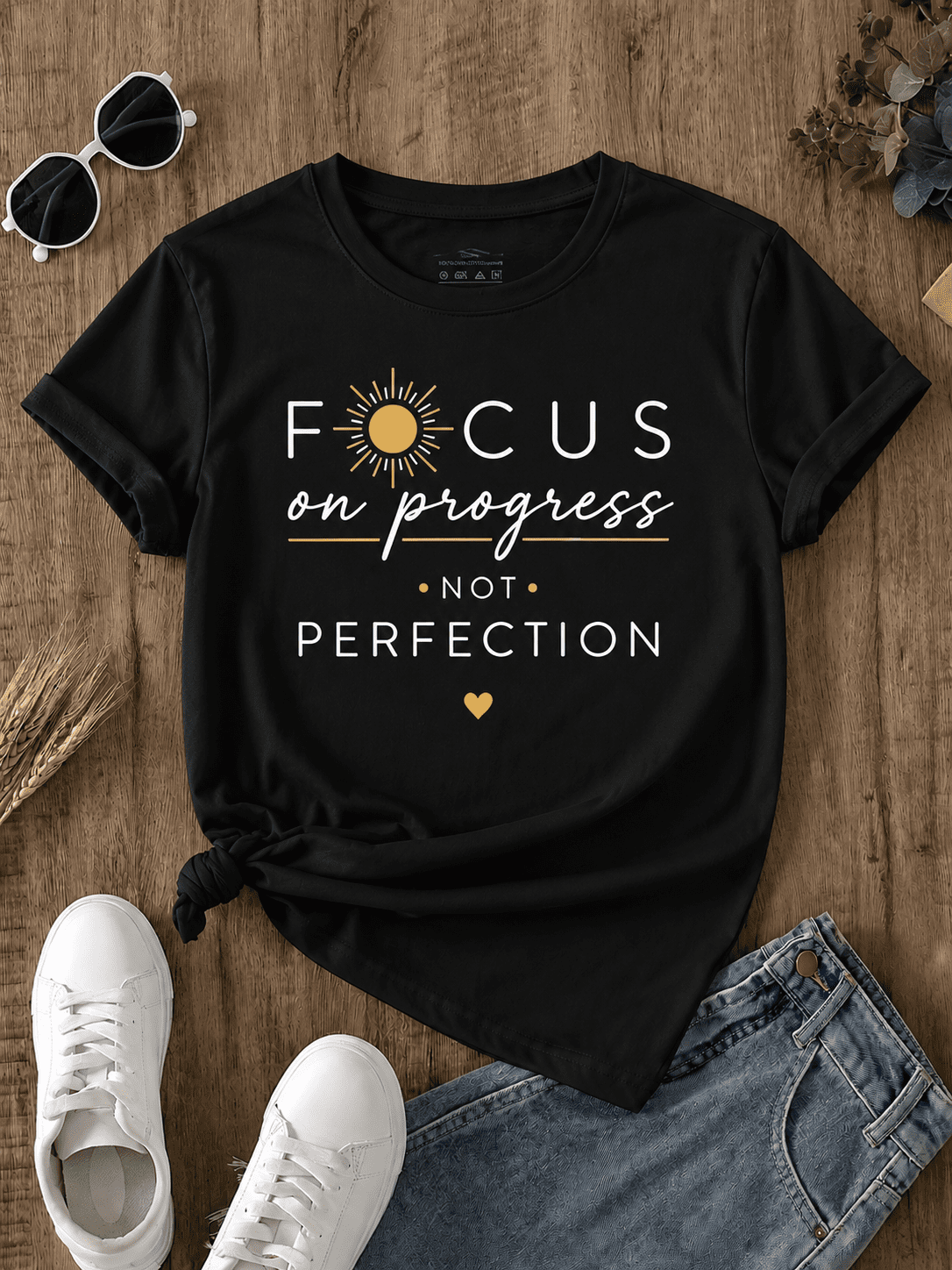 Women's Motivational Quote Graphic Tee, Focus on Progress Casual Crew Neck Short Sleeve T-Shirt
