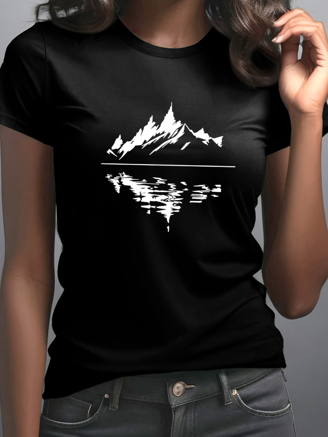 Women's Mountain Reflection Graphic T-Shirt, Nature Landscape Print Casual Crew Neck Short Sleeve Tee, Outdoor Hiking Adventure Graphic Shirt, Soft Breathable Everyday Summer Top