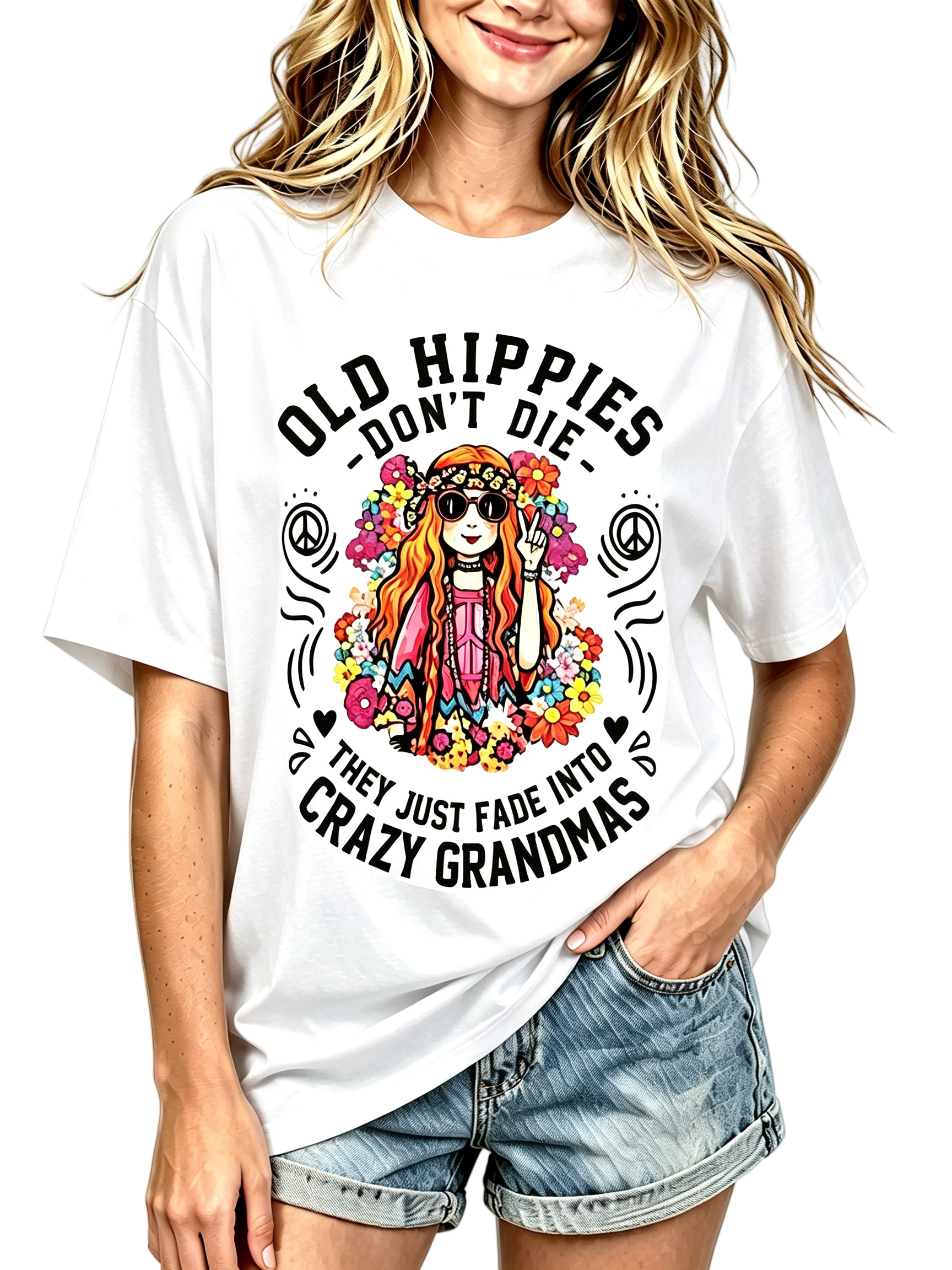 Women's "Old Hippies Don't Die" Funny Retro Hippie Graphic T-Shirt,Sleeve Top For Hippie & Boho Lovers