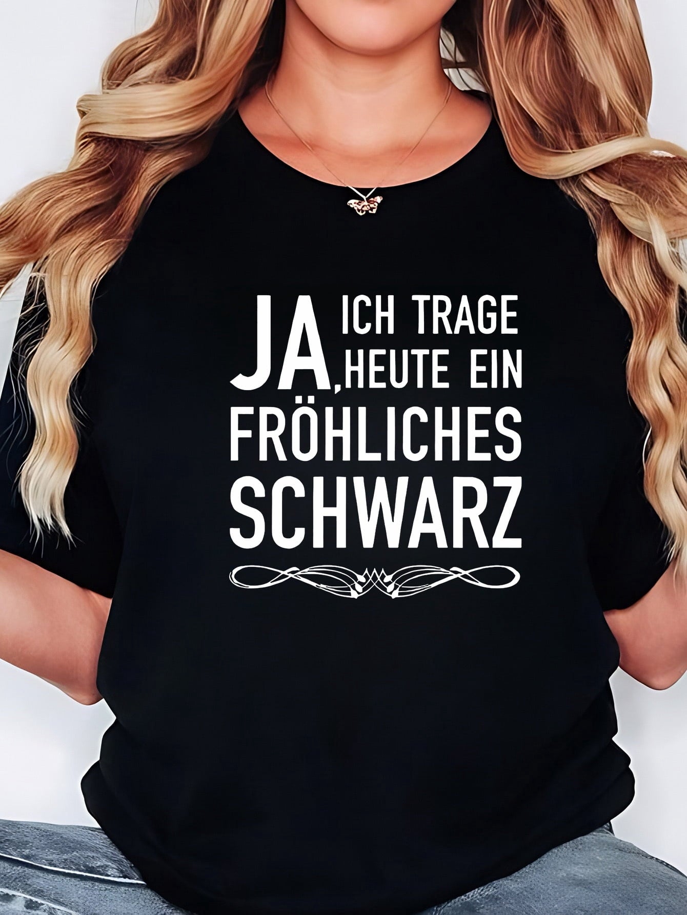 Women's  Oversized Black T-Shirt with German "Ich Trage Heute Ein Fröhliches Schwarz" Slogan - Casual Short Sleeve Round Neck Blouse, Machine Washable Spring Summer Casual Attire Funny Humor Top