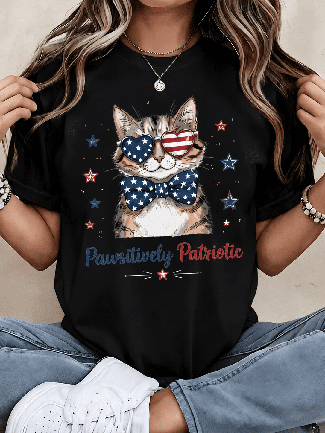 Women’s Patriotic Cat Graphic T-Shirt – USA Flag Heart Glasses Casual Tee
