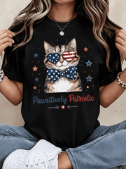 Women’s Patriotic Cat Graphic T-Shirt – USA Flag Heart Glasses Casual Tee