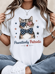Women’s Patriotic Cat Graphic T-Shirt – USA Flag Heart Glasses Casual Tee