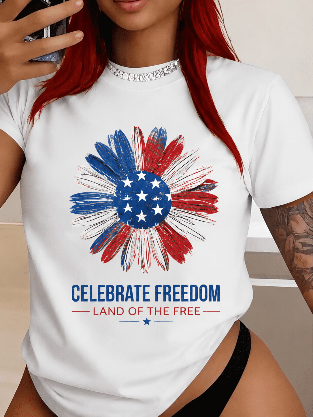 Women’s Patriotic Floral Graphic T-Shirt, Red White Blue Flower Tee, Celebrate Freedom Casual Summer Top
