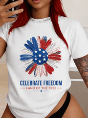 Women’s Patriotic Floral Graphic T-Shirt, Red White Blue Flower Tee, Celebrate Freedom Casual Summer Top