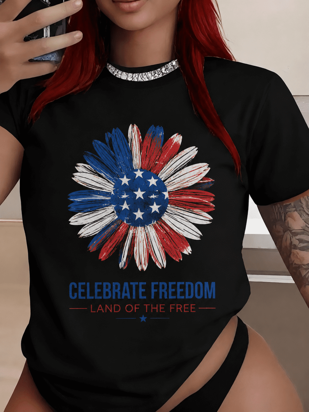 Women’s Patriotic Floral Graphic T-Shirt, Red White Blue Flower Tee, Celebrate Freedom Casual Summer Top