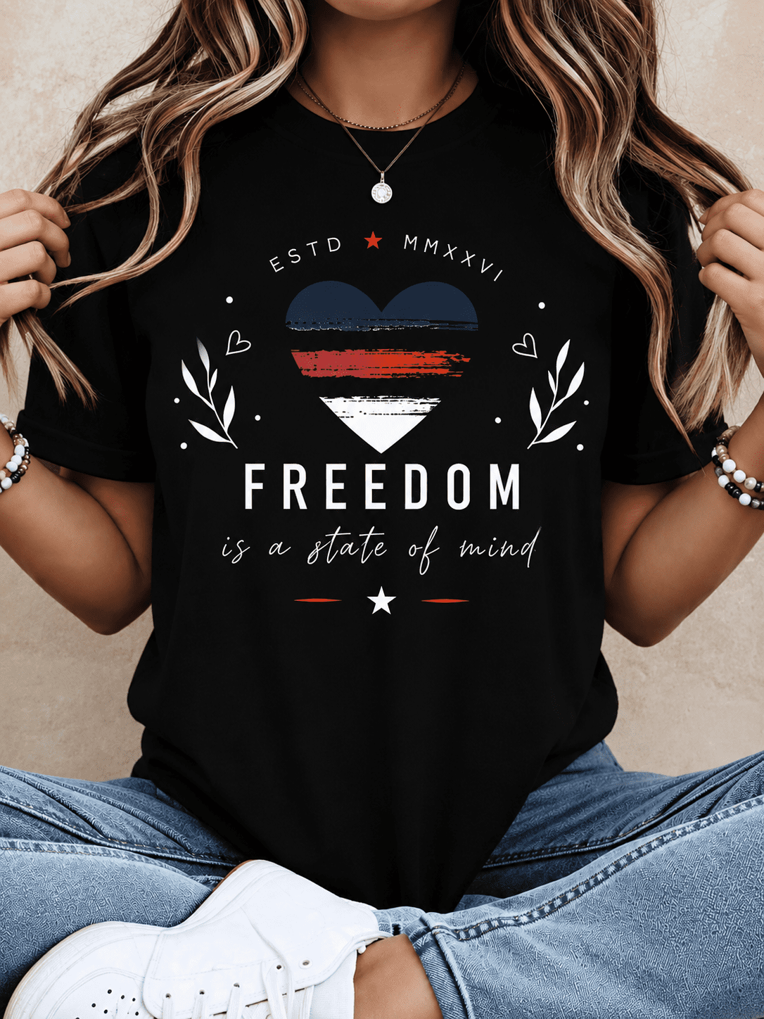 Women's Patriotic Freedom Graphic T-Shirt Heart Print Casual Short Sleeve Crew Neck Tee