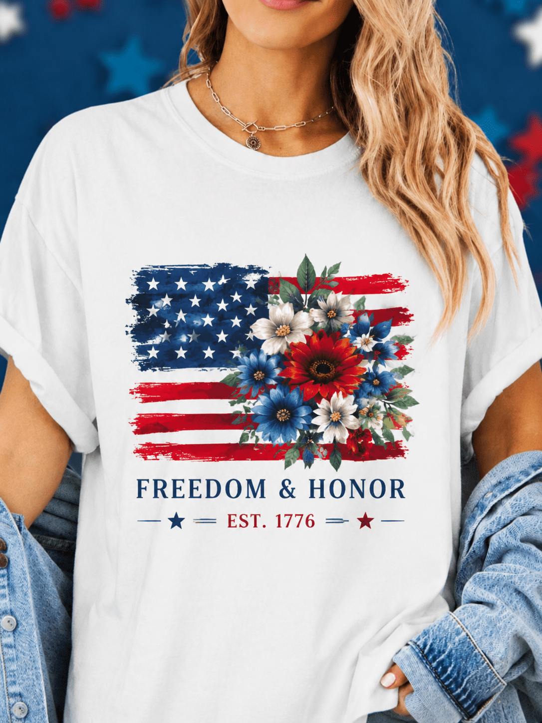 Women’s Patriotic USA Flag Floral Graphic T-Shirt – 4th of July Independence Day Casual Tee