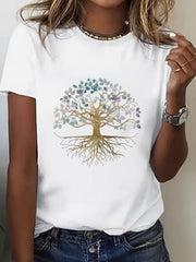 Women's Plus Size Tree of Life Graphic T-Shirt, Nature Inspired Botanical Tree Print Casual Crew Neck Short Sleeve Tee, Soft Breathable Everyday Shirt, Boho Style Graphic Top, Comfortable Summer Clot