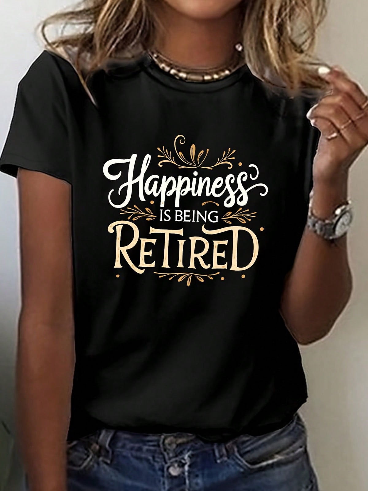 Women's Retirement Gift T-Shirt Happiness Is Being Retired Green Top With Elegant Script Lettering
