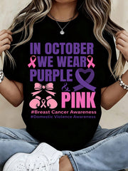 Women's Shirt October We Wear Purple And Pink Breast Cancer Domestic Violence Awareness Graphic Tee Casual