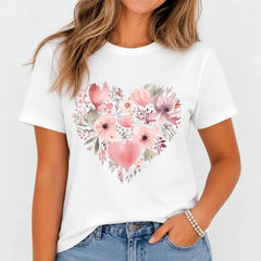 Women's Short Sleeve T-Shirt Love Heart Floral Print Blouse Round Neck Top