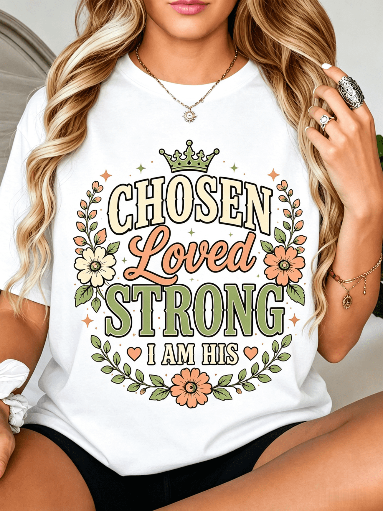 Women’s Soft Black Graphic T-Shirt, Chosen Loved Strong I Am His Vintage Wildflower Crown Faith Inspirational Casual Short Sleeve Tee Gift for Christian Women