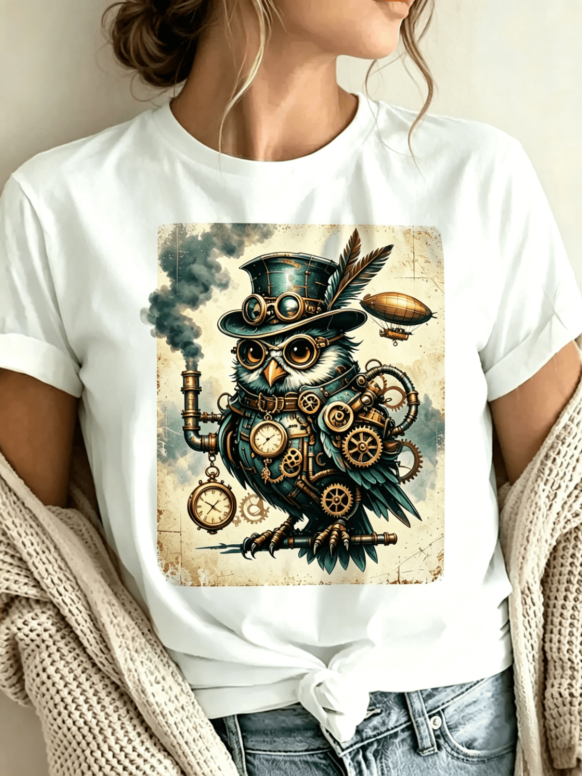 Women’s Soft Crew Neck Short Sleeve T-Shirt, Vintage Steampunk Mechanical Owl With Clock Gears Airship Graphic Print Casual Everyday Cotton Tee