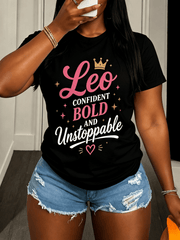 Women’s Soft White Leo Zodiac T-Shirt, Confident Bold and Unstoppable Pink Golden Crown Heart Star Print Casual Short Sleeve Tee Perfect Leo Birthday Gift