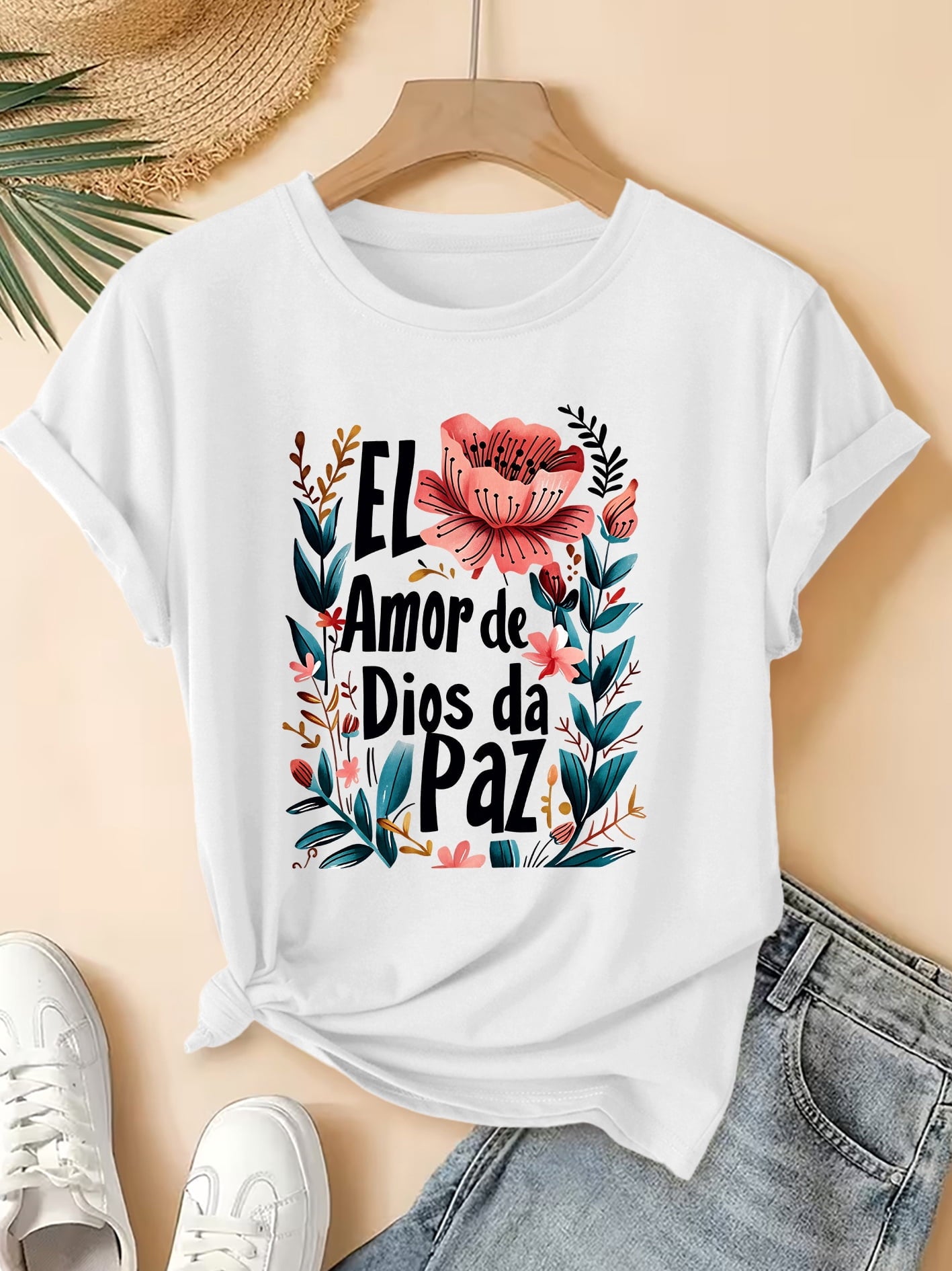 Women's Spanish Faith Slogan T-Shirt - Vintage Spanish Prayer Print Short Sleeve Blouse-Compatible Top | Non-Sheer Loose Fit Crewneck Tee Suitable for Commuting, Parties, Church Events