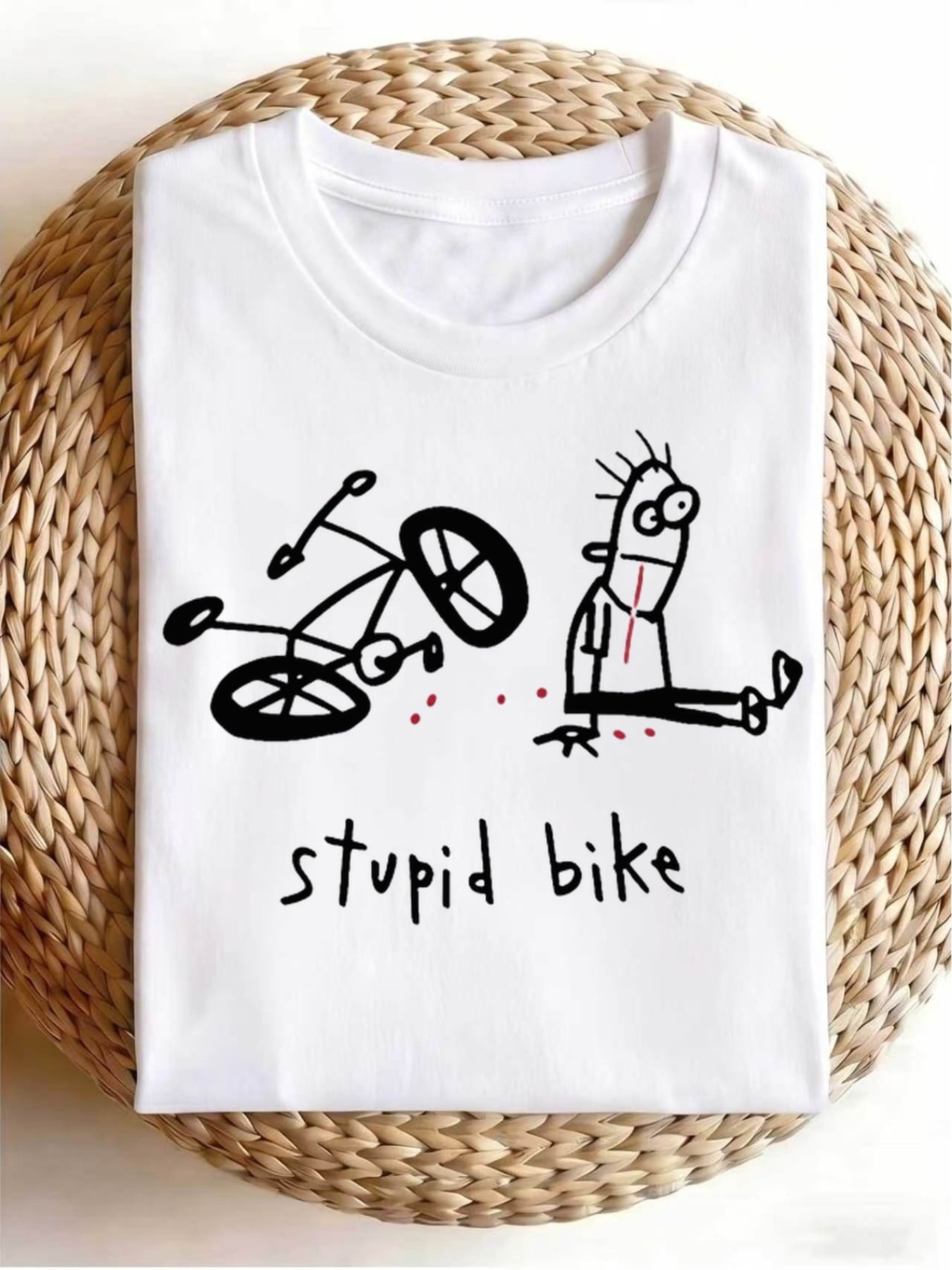 Women’s Stupid Bike Funny Cartoon Doodle Graphic Short Sleeve T-Shirt, Sarcastic Humor Crew Neck Casual Novelty Top