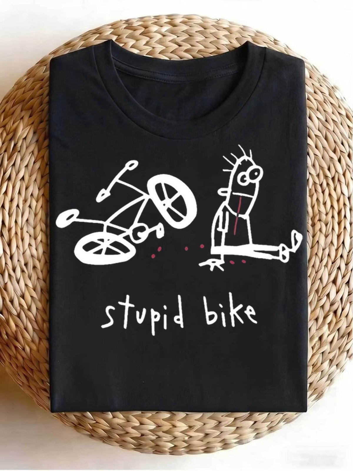Women’s Stupid Bike Funny Cartoon Doodle Graphic Short Sleeve T-Shirt, Sarcastic Humor Crew Neck Casual Novelty Top