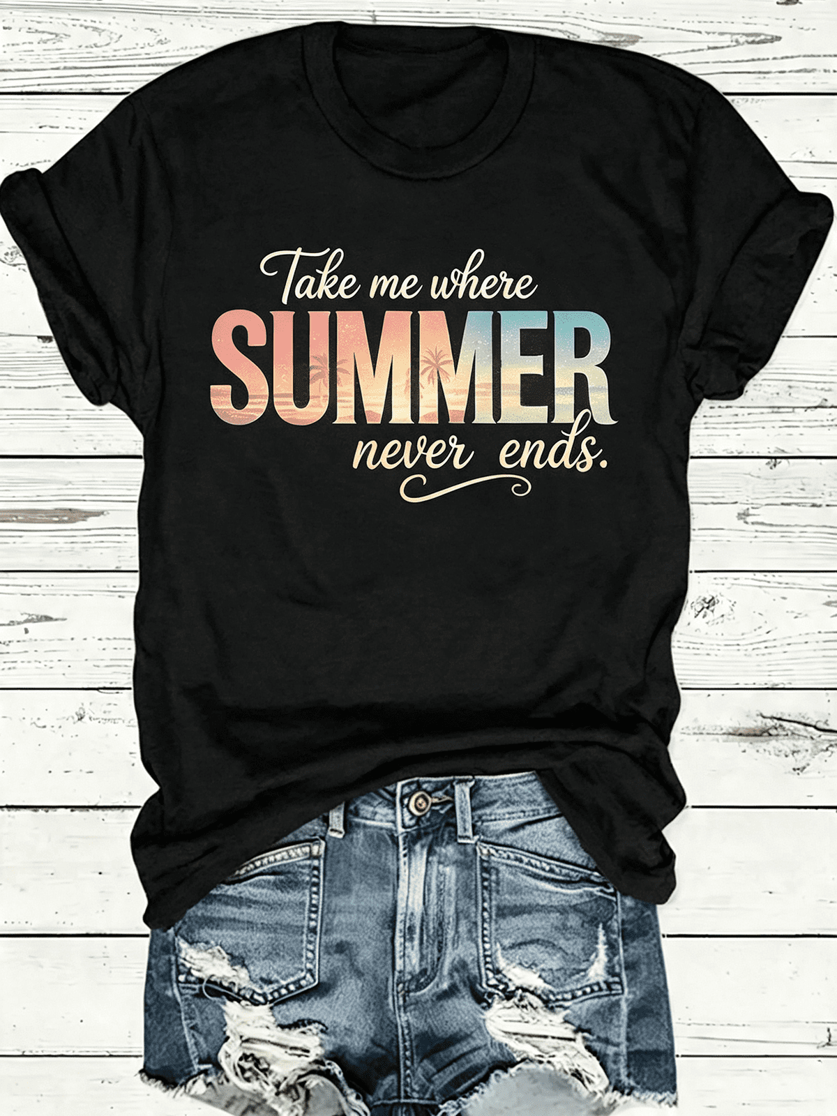 Women’s Take Me Where Summer Never Ends Beach Palm Tree Gradient Graphic Short Sleeve T-Shirt, Vacation Tropical Crew Neck Casual Summer Top