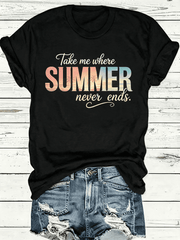 Women’s Take Me Where Summer Never Ends Beach Palm Tree Gradient Graphic Short Sleeve T-Shirt, Vacation Tropical Crew Neck Casual Summer Top