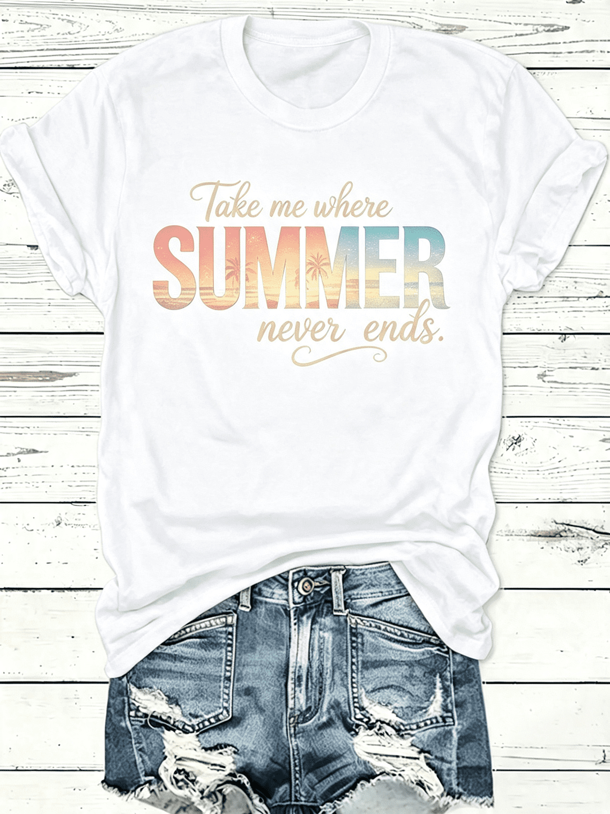 Women’s Take Me Where Summer Never Ends Beach Palm Tree Gradient Graphic Short Sleeve T-Shirt, Vacation Tropical Crew Neck Casual Summer Top