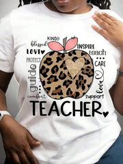 Women's Teacher Appreciation Graphic T-Shirt, Leopard Apple Heart Print Casual Crew Neck Short Sleeve Tee, Inspirational Teacher Gift Summer Top