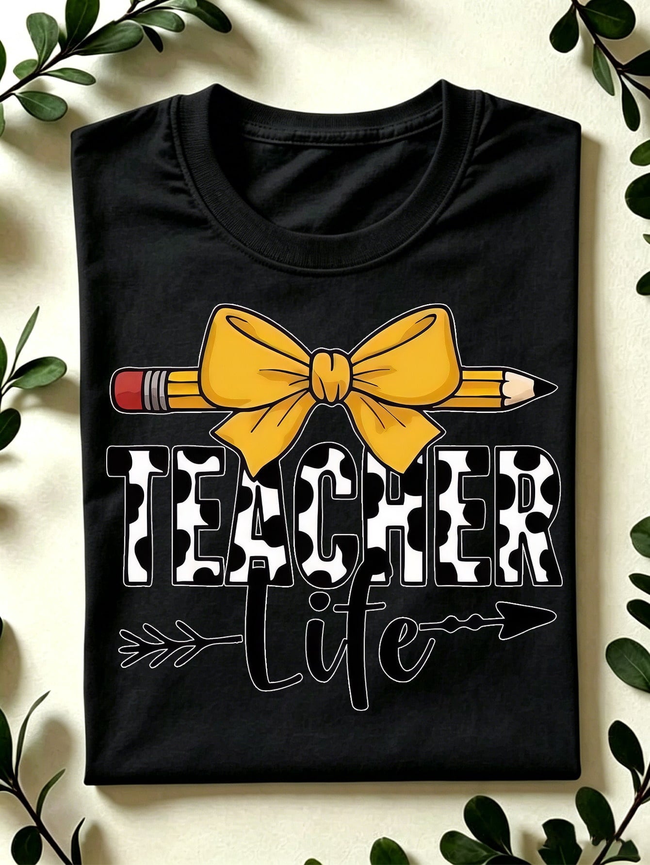 Women's Teacher Life Graphic T-Shirt, 100% Cotton Cow Print Teacher Lettering with Pencil and Yellow Coquette Bow, Crew Neck Short Sleeve Back to School Gift