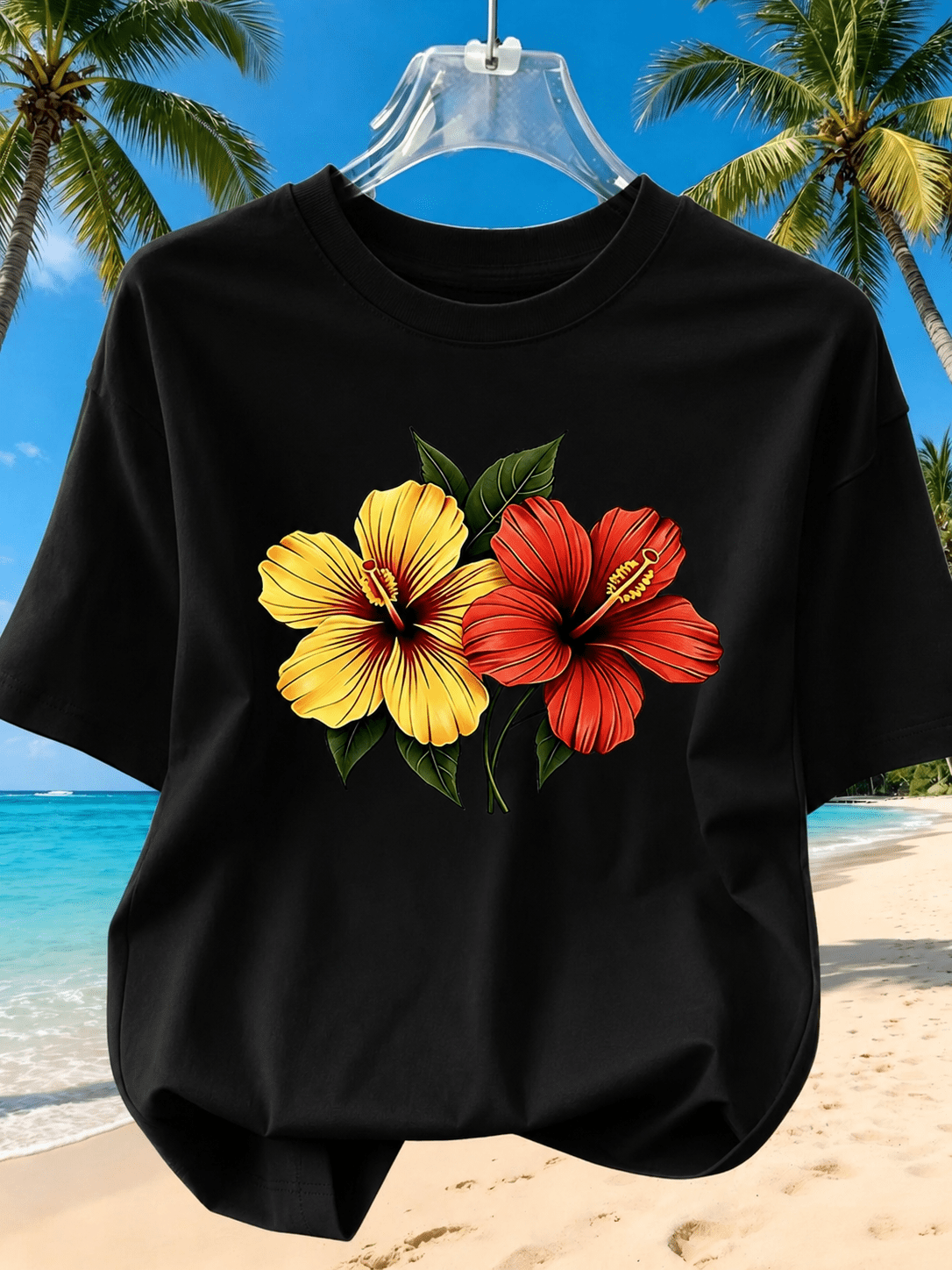 Women's Tropical Hibiscus Flower Graphic T-Shirt, Hawaiian Floral Print Short Sleeve Crew Neck Casual Tee, Soft Lightweight Summer Beach Vacation Shirt