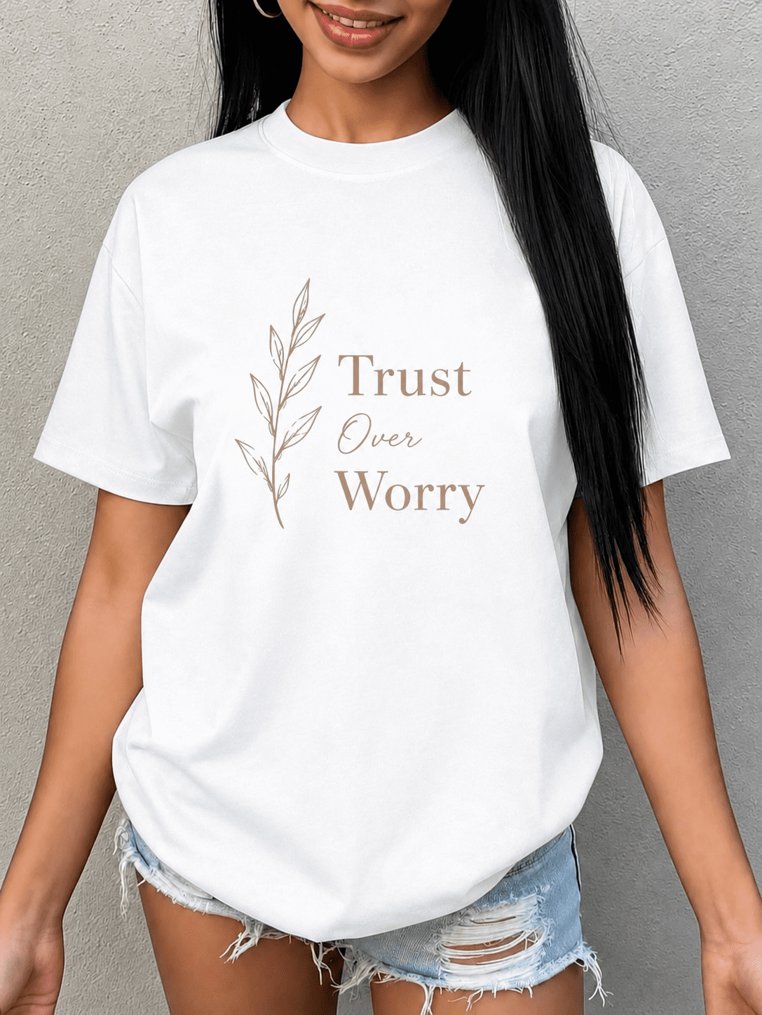 Women's Trust Over Worry Inspirational Graphic T-Shirt, Casual Short Sleeve Crew Neck Cotton Blend Tee, Relaxed Fit Summer Top, White