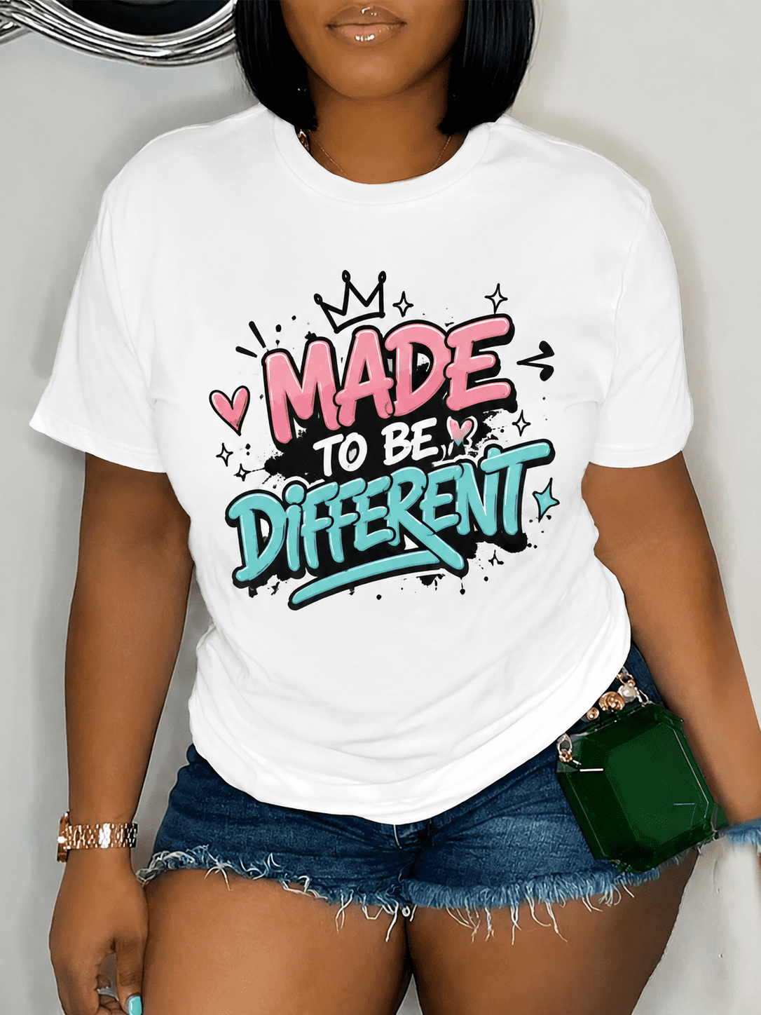 Women’s Unique Self Confidence Graphic Tee Made To Be Different Bubble Font Crown Hearts Street Style Everyday Casual Short Sleeve Shirt