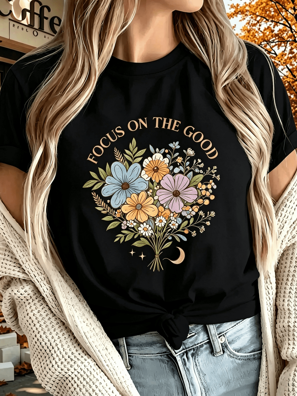 Women's Vibrant Multicolor Floral Print T-Shirt with "Focus on the Good" Positive Affirmation - Round Neck Short Sleeve All-Season