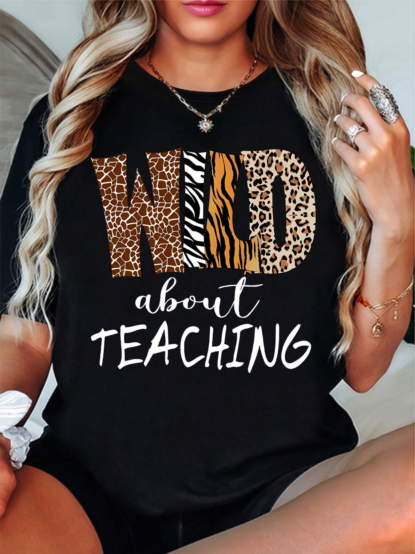 Women's Wild About Teaching Graphic T-Shirt, Leopard Print Teacher Crew Neck Short Sleeve Casual Tee, Back to School Teacher Appreciation Gift