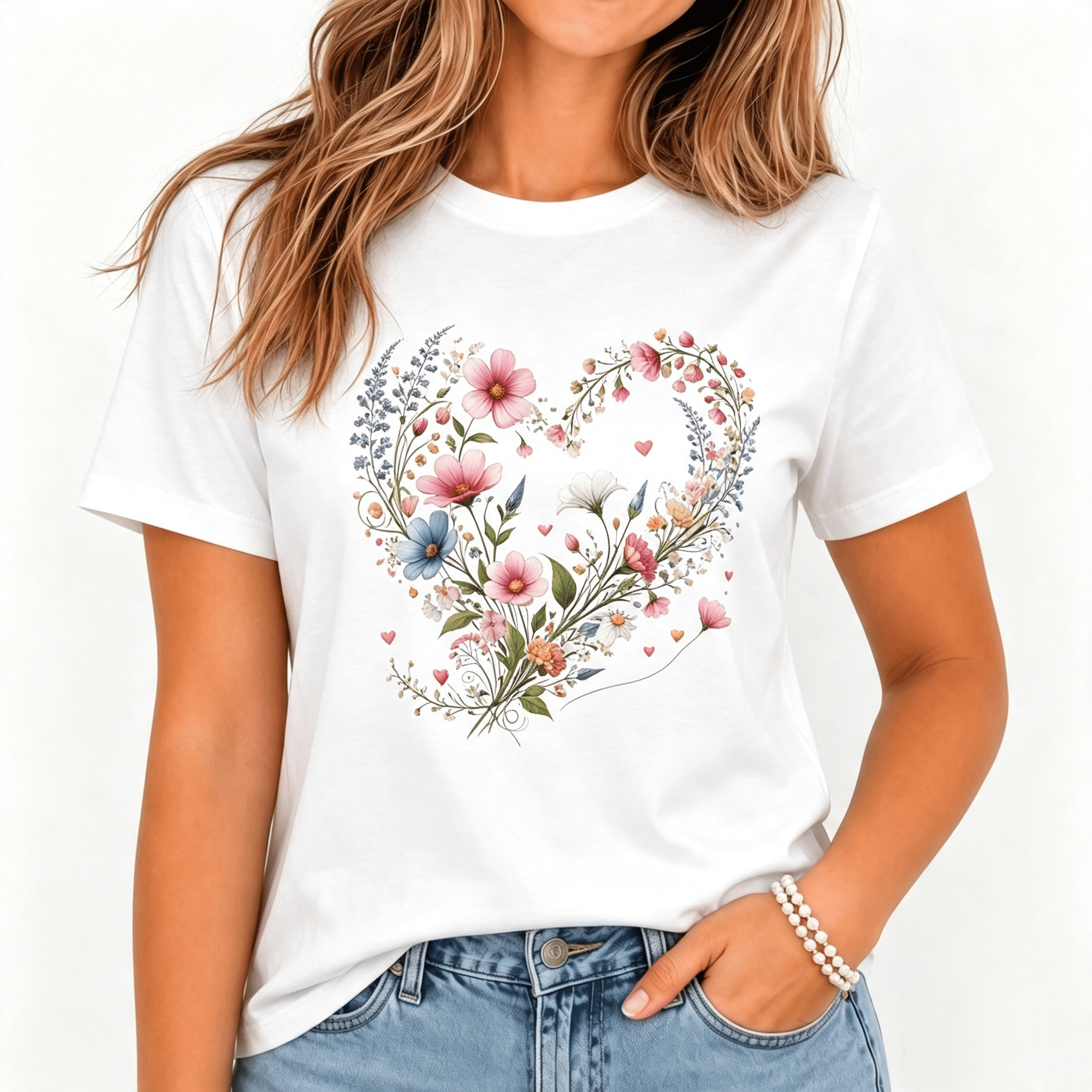 Women's Wildflower Heart Graphic T-Shirt Boho Floral Heart Short Sleeve Tee Top